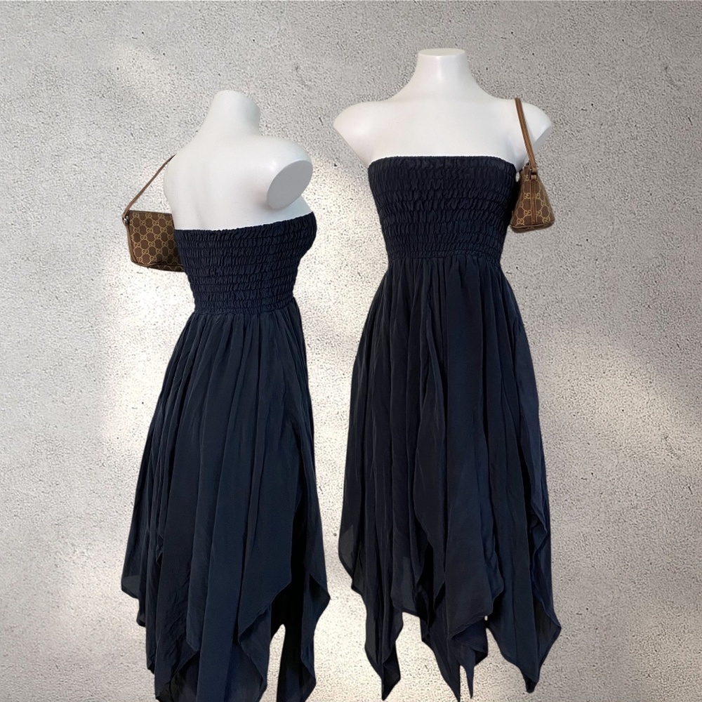 INDIE ELLA 100% Silk Recycled Sari Dress – Midnight Navy Boho Handkerchief Hem